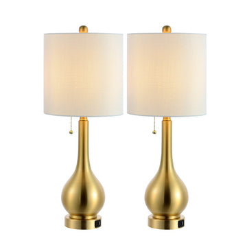 Tyler 24" Modern Classic Gourd Iron LED Table Lamp with Pull-Chain with Dual USB Charging Port - JONATHAN Y